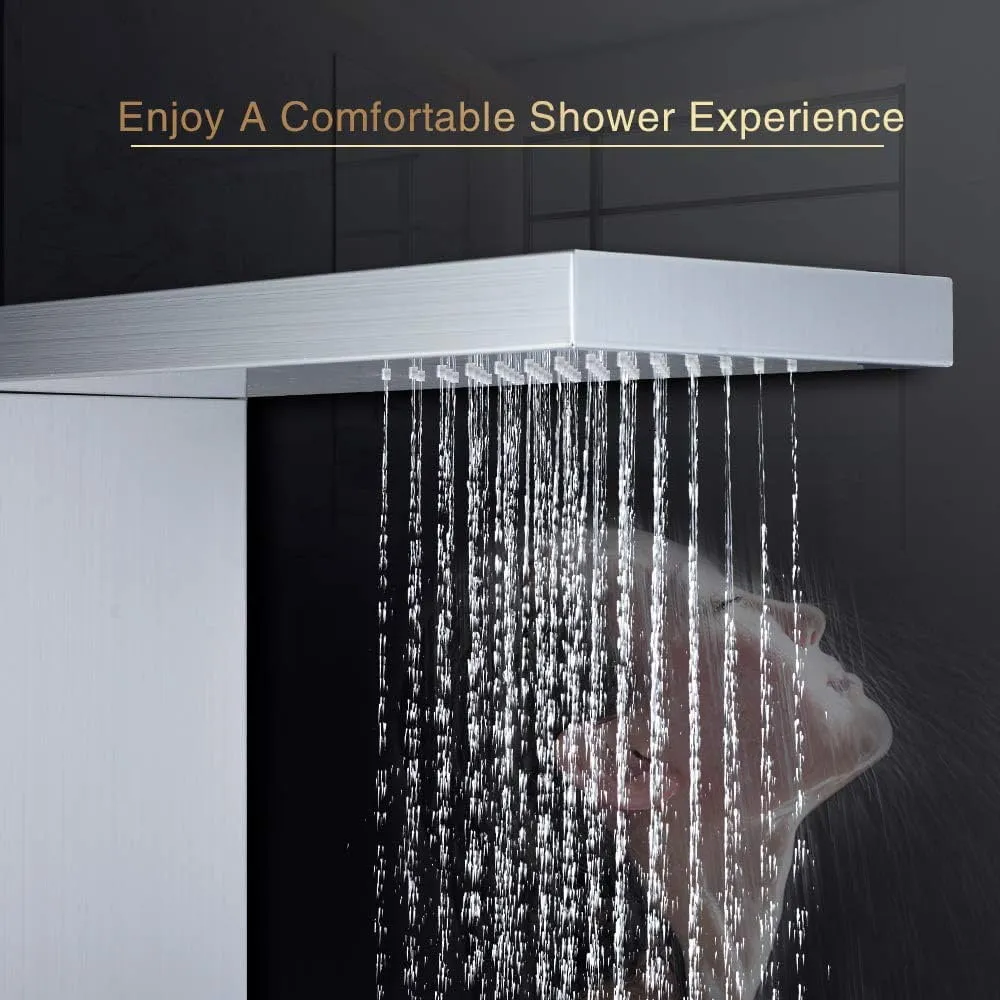 Zovajonia Shower Panel Tower System, Brushed Nickel 5- Function Shower Tower，Waterfall Showerhead, 4 Rain Body Massage Shower Jets,3-Mode Hand Shower Shower System
