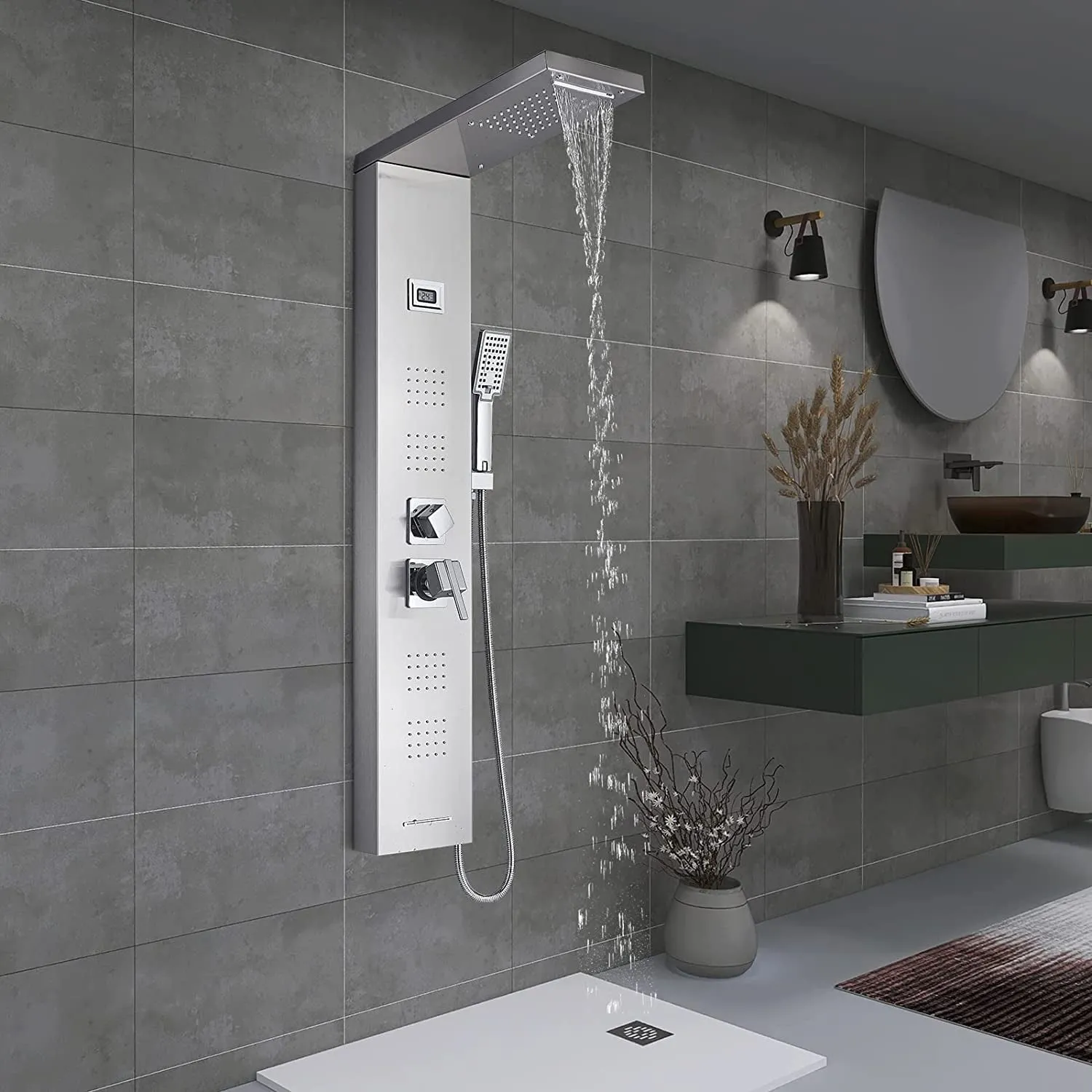 Zovajonia Shower Panel Tower System, Brushed Nickel 5- Function Shower Tower，Waterfall Showerhead, 4 Rain Body Massage Shower Jets,3-Mode Hand Shower Shower System