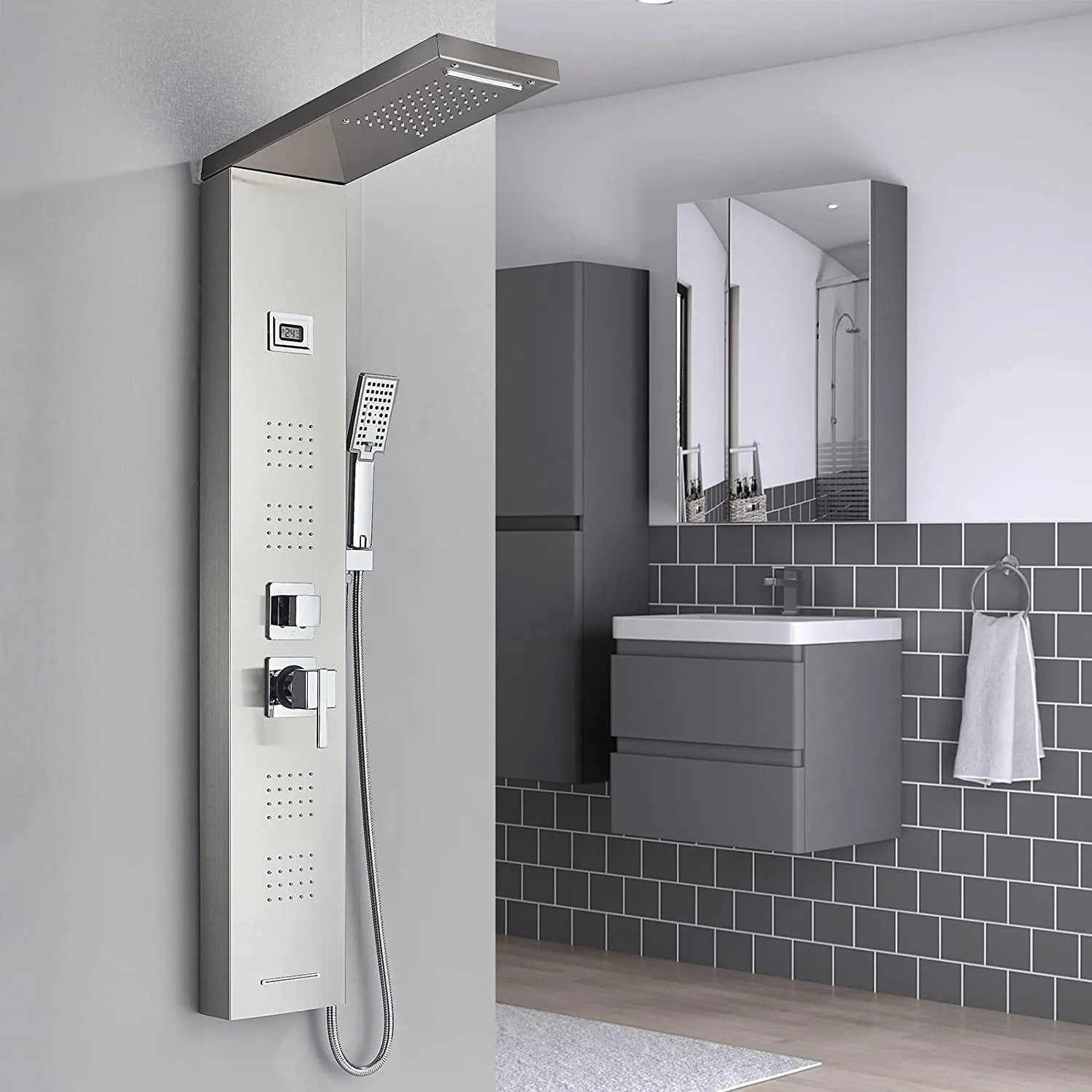 Zovajonia Shower Panel Tower System, Brushed Nickel 5- Function Shower Tower，Waterfall Showerhead, 4 Rain Body Massage Shower Jets,3-Mode Hand Shower Shower System