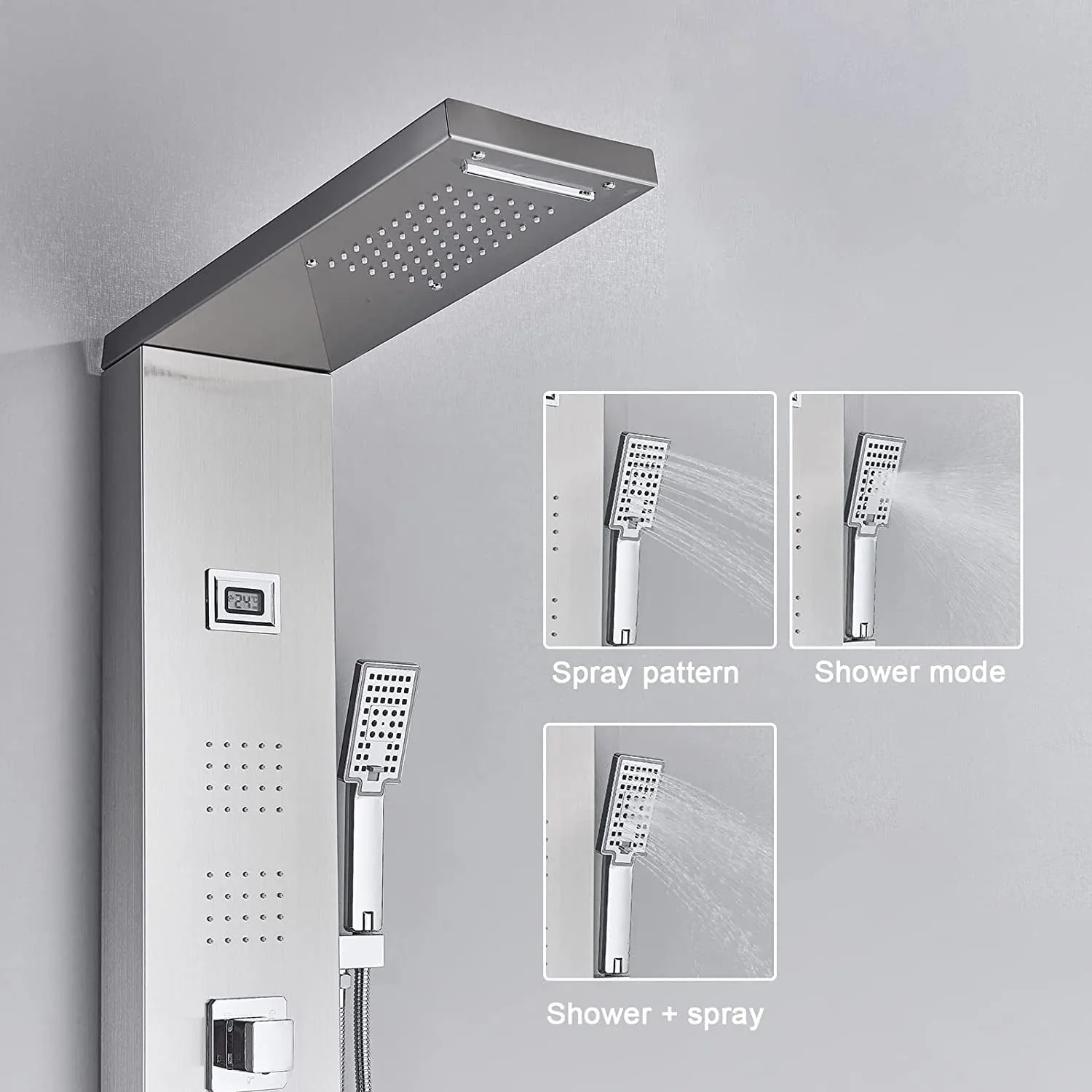 Zovajonia Shower Panel Tower System, Brushed Nickel 5- Function Shower Tower，Waterfall Showerhead, 4 Rain Body Massage Shower Jets,3-Mode Hand Shower Shower System